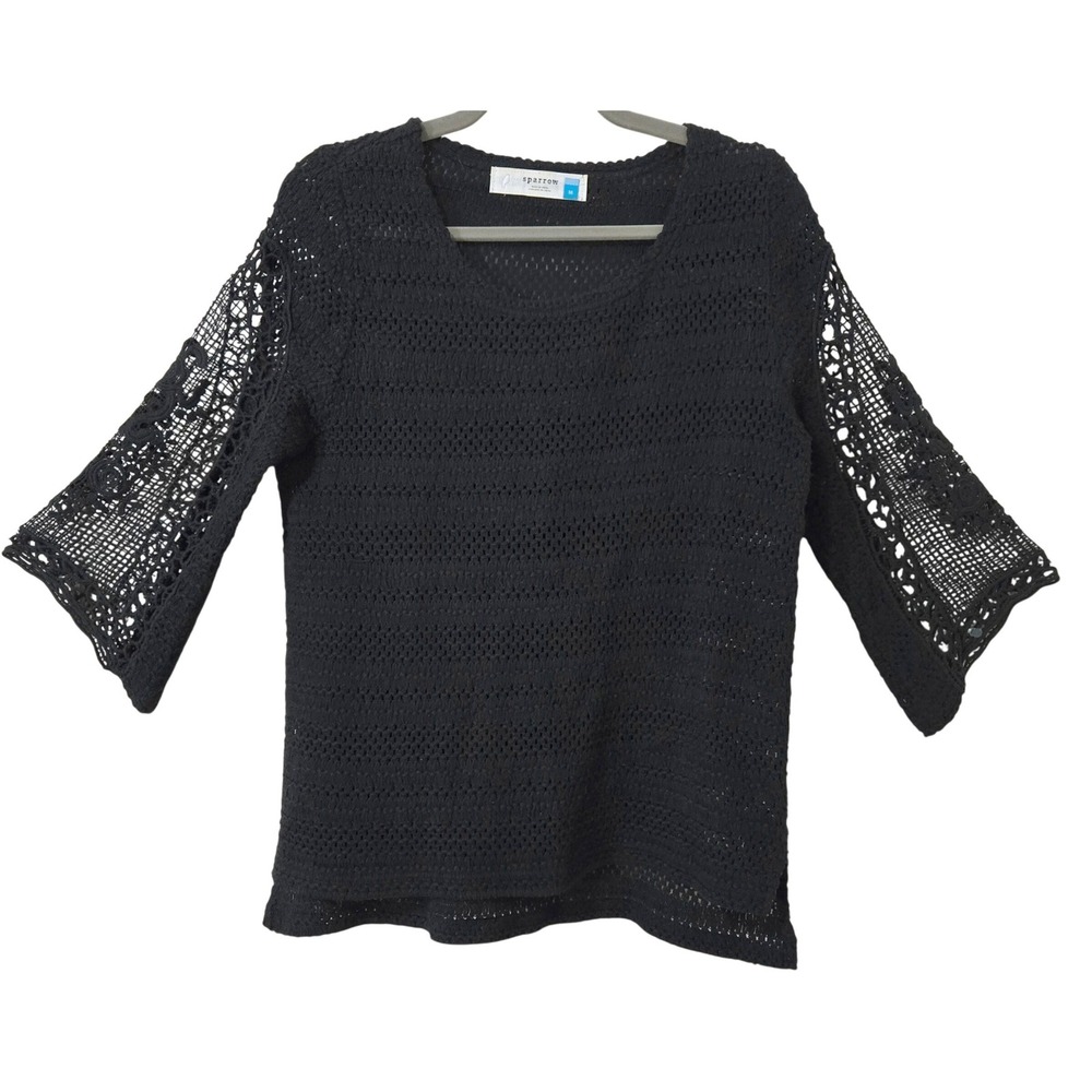Sparrow Anthropologie Black Cotton Crochet Lace Bell Sleeve Knit Sweater Top M